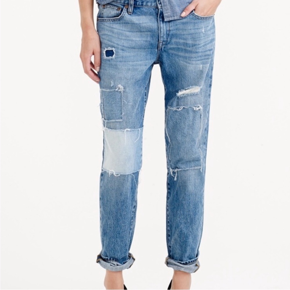 NWT J Crew Broken In Boyfriend Patch Medium Wash Jeans Size 24